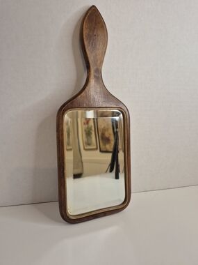 Antique Wooden Hand Held Vanity Dresser Mirror 19th C Early 20th C Beveled Glass